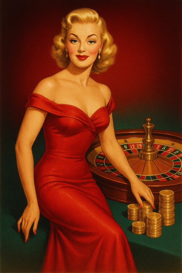 Pin Up Casino retro pin-up kız ve rulet çarkı